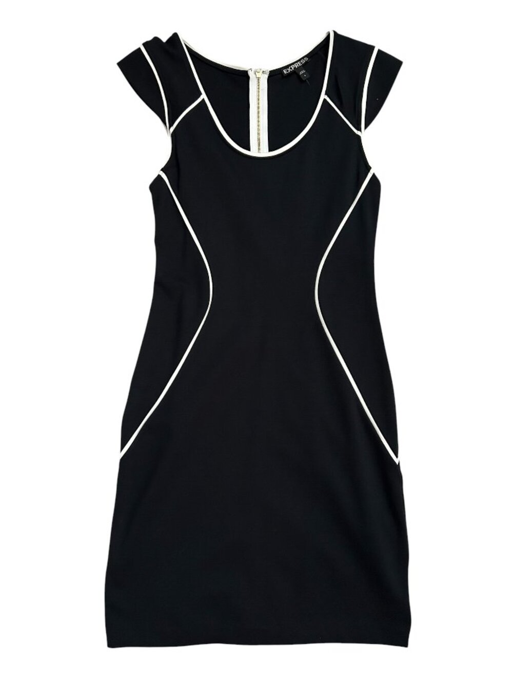Express Women 's Size 4 Mini Contrasting White Piping Bodycon Black Dress NWT